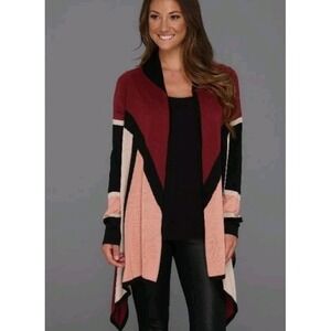 BCBGMAXAZRIA‎ Drape Cardigan Sweater Pink Combo Silk Blend Geometric Print XXS